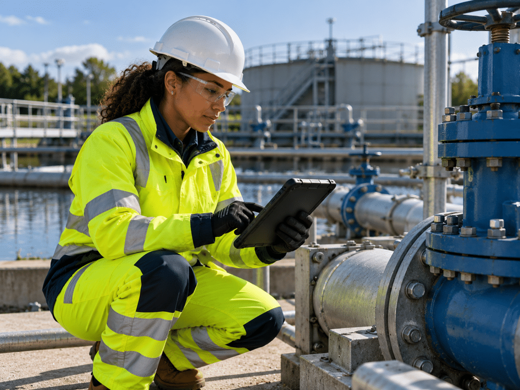 Skilled worker inspects water equipment