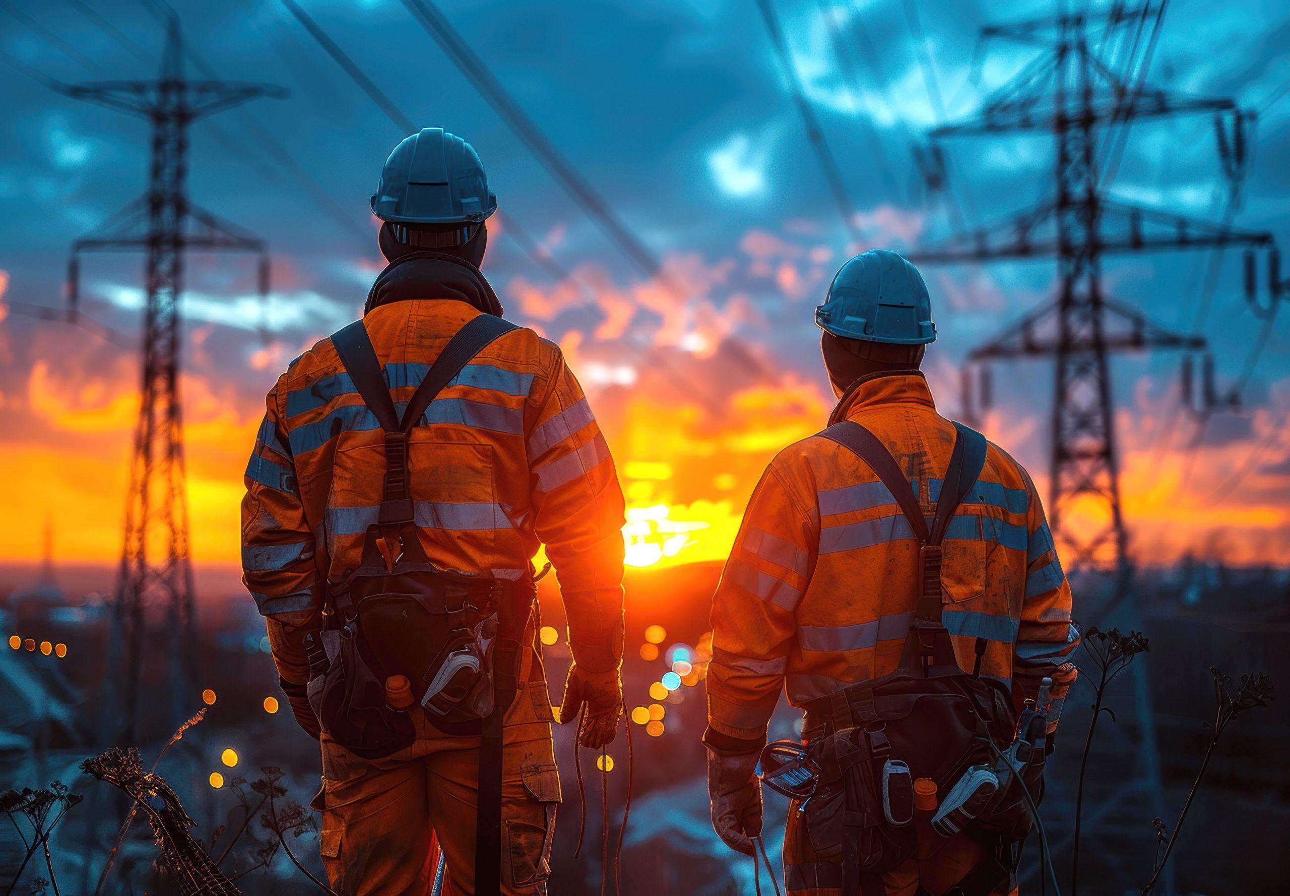 Technology workers surveying an urban landscape with electricity pylons