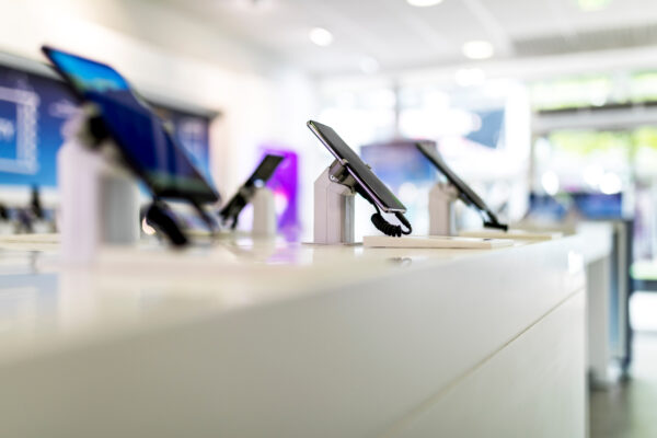 Close up of phones in mobile phone shop