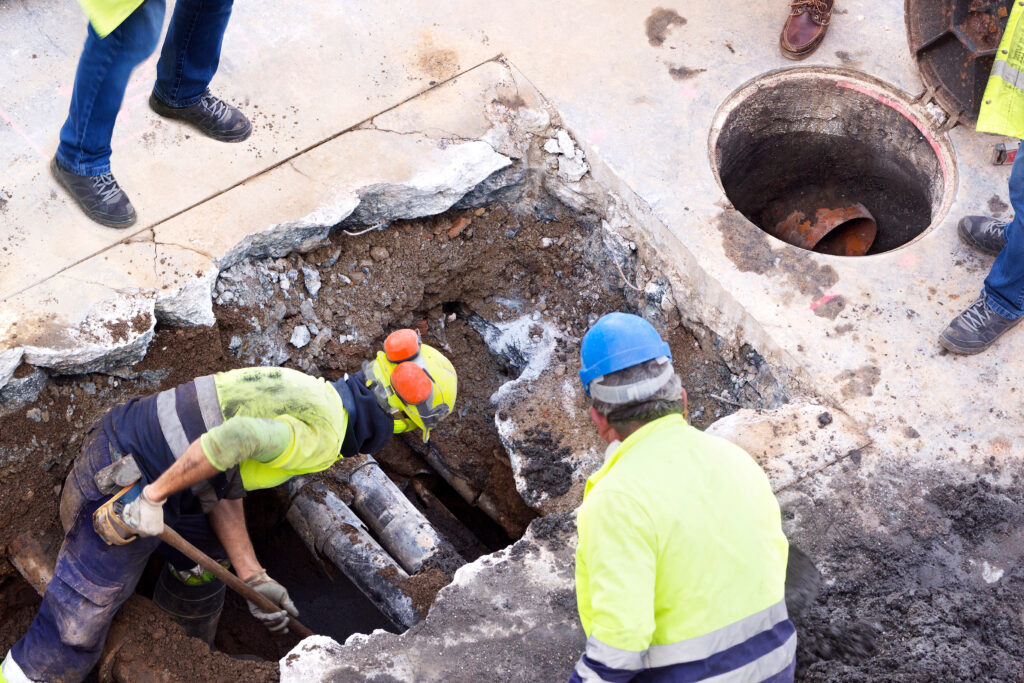 Utility worker repairing ground pipes 