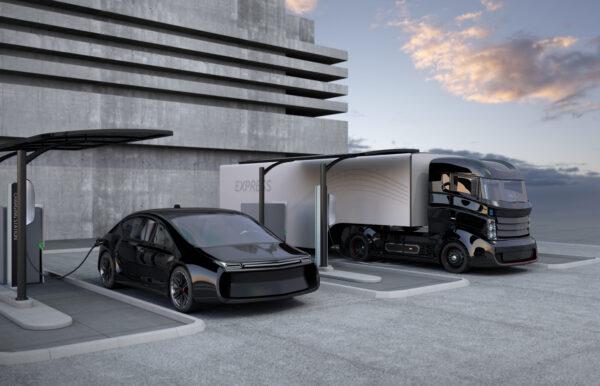 Electric truck and electric car in charging station