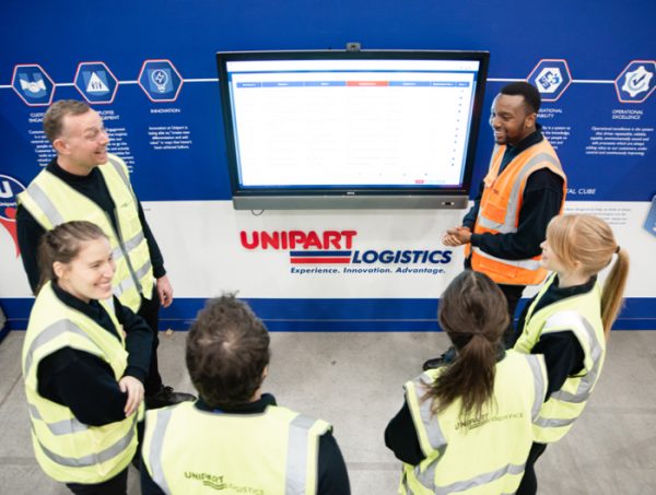 warehouse workers stood in front of communication cell screen